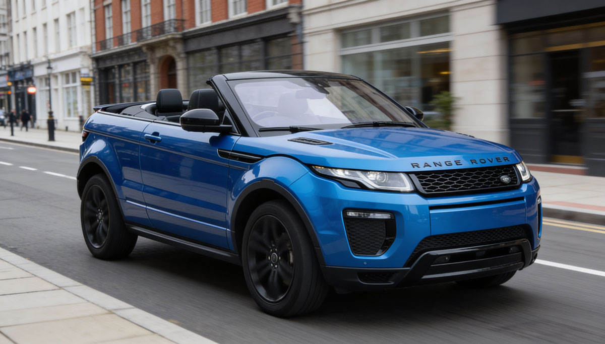 A Range Rover Evoque convertible drives down a bustling city street, showcasing its sleek design and urban environment.
