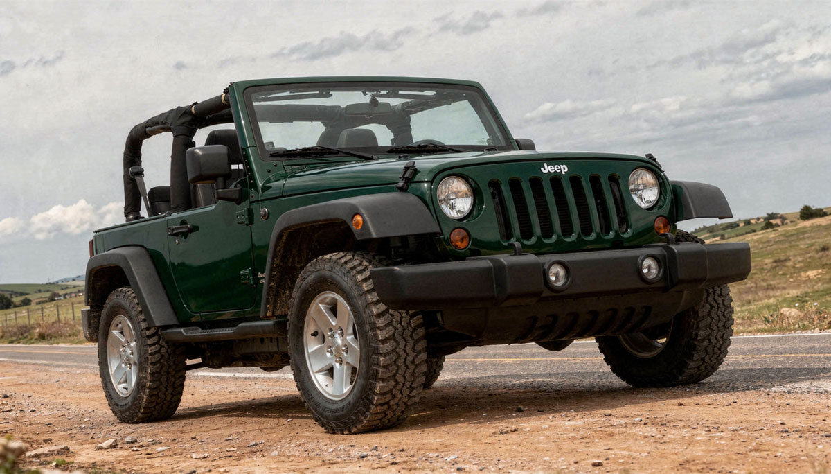 A green jeep driving up a rugged hill, surrounded by rocky terrain.