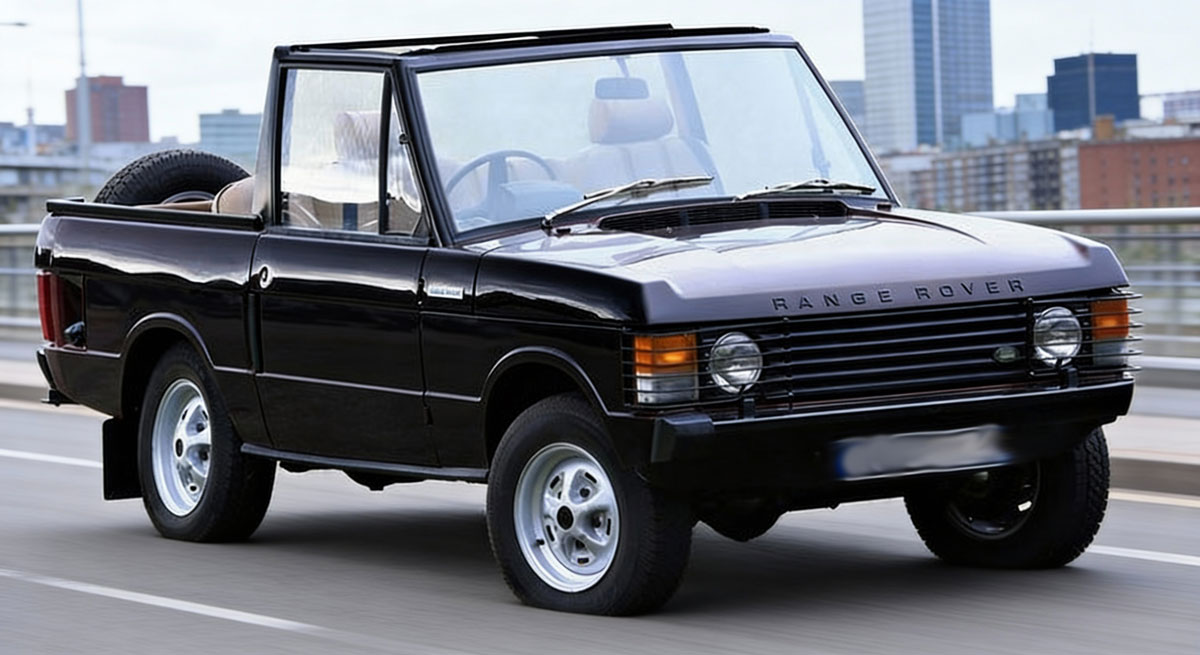 A black Land Rover navigating a rural road with trees lining the sides.