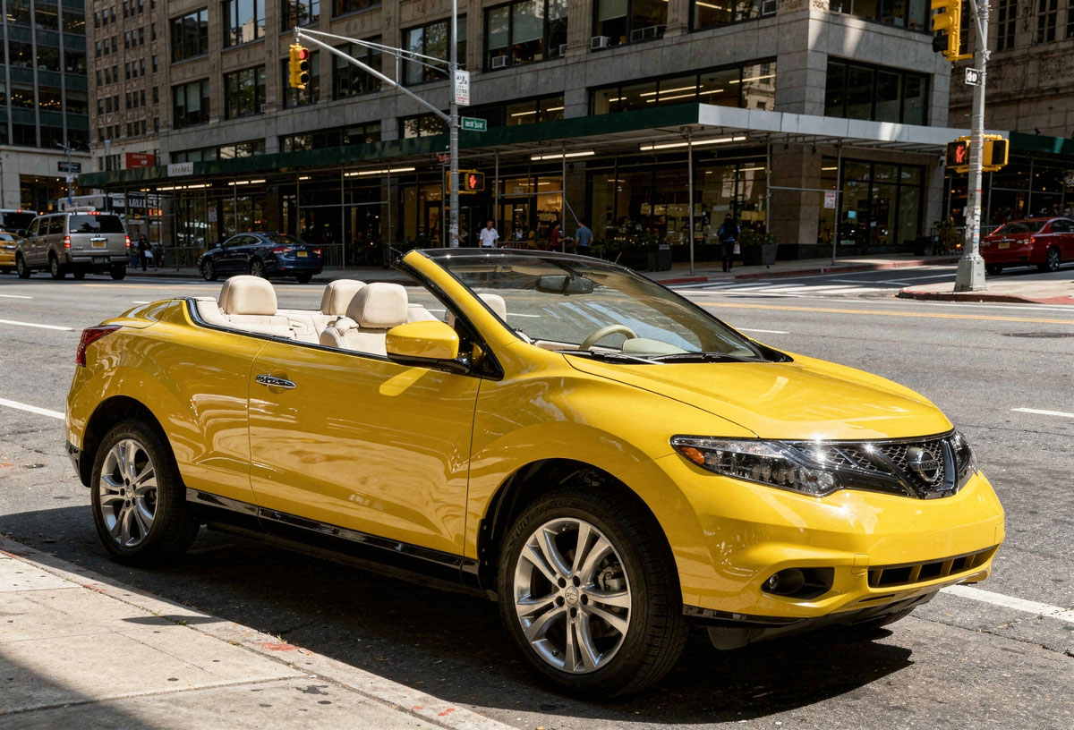 A Nissan Murano convertible parked on the roadside, showcasing its sleek design and vibrant color against the landscape.