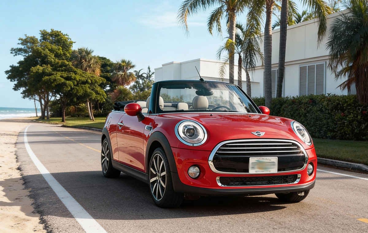 A red Mini Cooper convertible parked on a sunny street, showcasing its compact design and open-top feature.