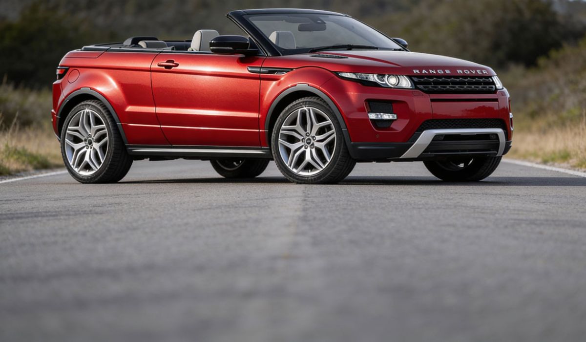 A red Range Rover convertible drives along a scenic road under clear blue skies.