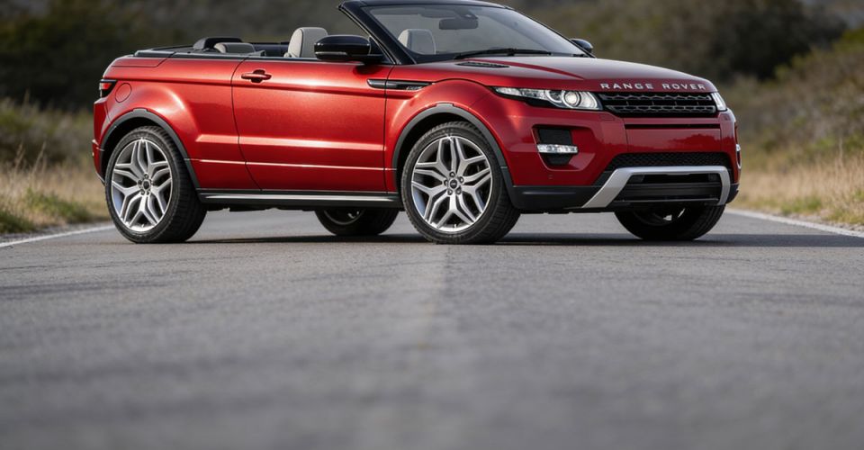 A red Range Rover convertible drives along a scenic road under clear blue skies.