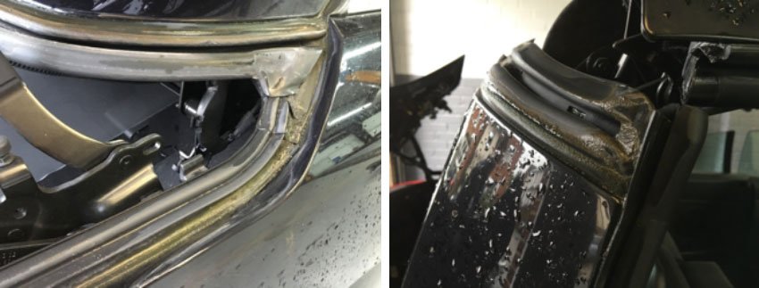 Two images of a car showing a damaged windshield from different angles, highlighting the extent of the damage.